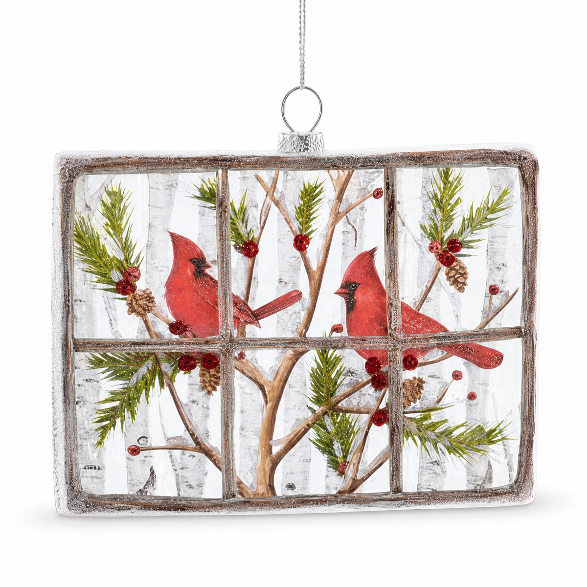 Cardinal Window Pane Christmas Ornament, Two Cardinals design: a pair facing each other across a branching tree