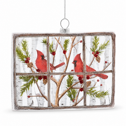 Cardinal Window Pane Christmas Ornament, Two Cardinals design: a pair facing each other across a branching tree