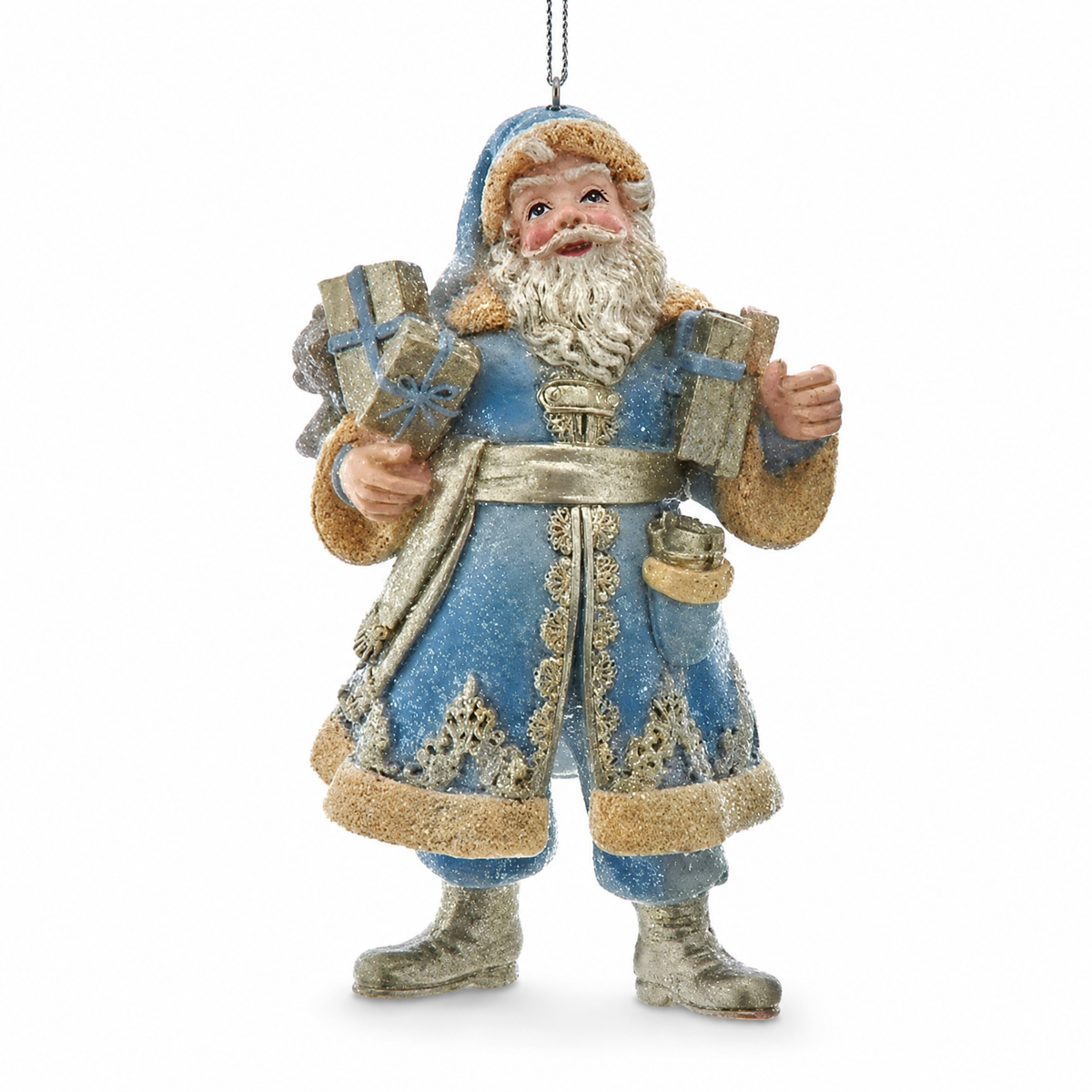 Blue and Platinum Santa Christmas Ornament, Short Coat design: a knee length coat and platinum boots, gifts in both arms
