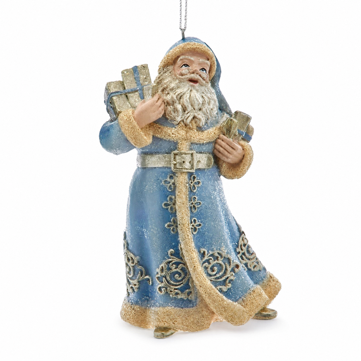 Blue and Platinum Santa Christmas Ornament, Long Coat design: a floor length coat with a buckled belt, gifts at his shoulder