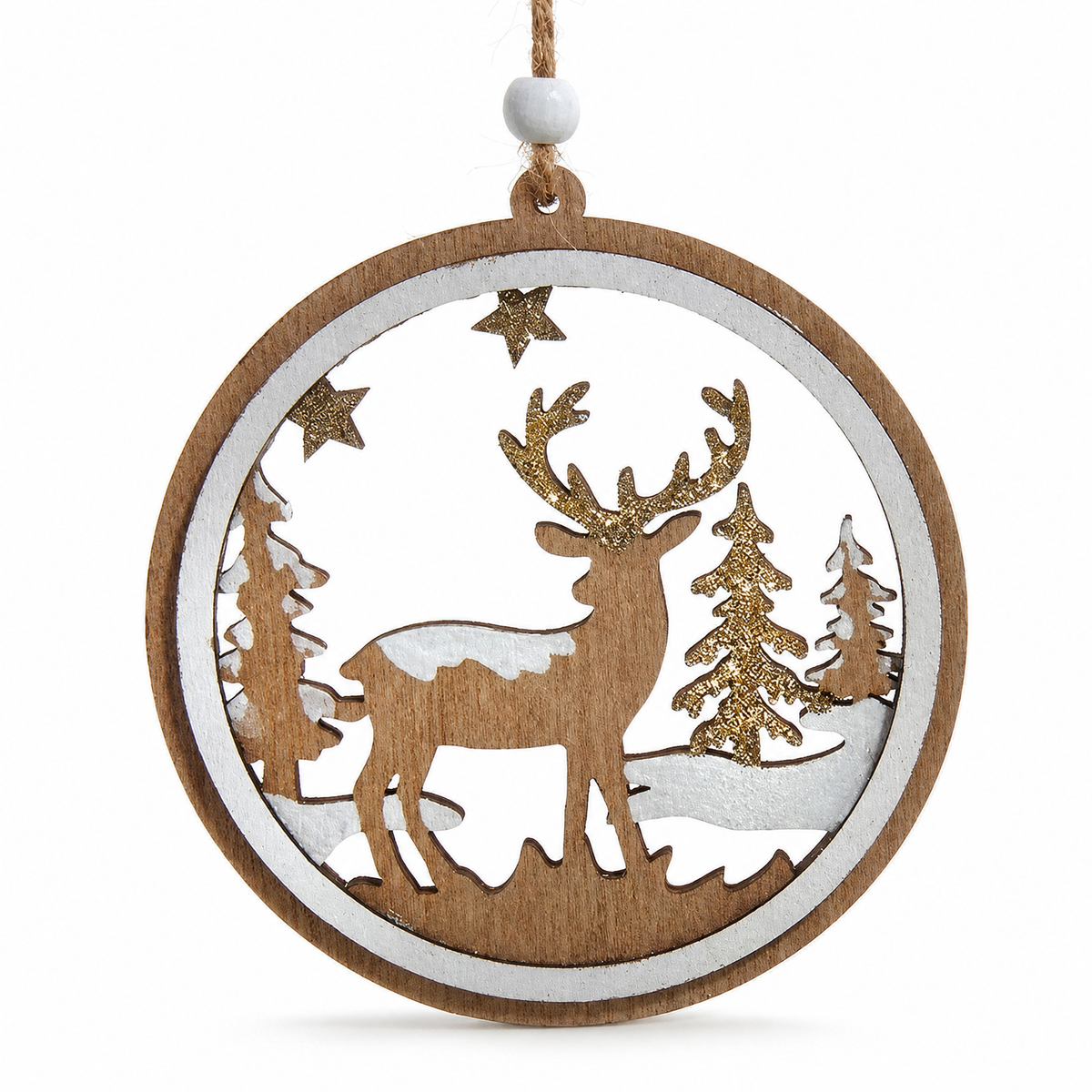 Wooden Deer Scene Christmas Ornament, Stag and Stars design: a stag among glittered pines under gold stars