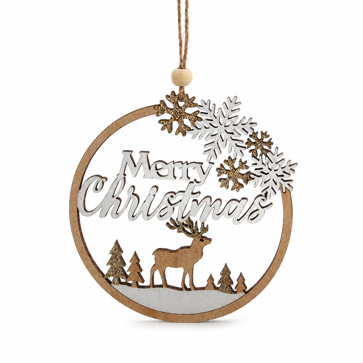 Wooden Deer Scene Christmas Ornament, Merry Christmas design: the words in white lettering over a small stag, with snowflakes across the top