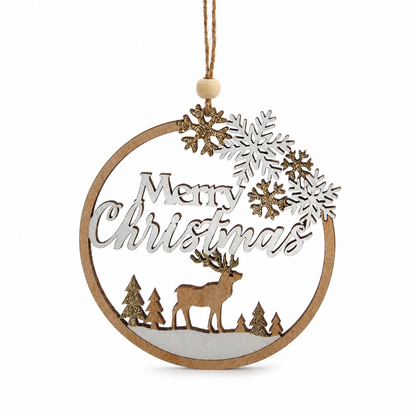 Wooden Deer Scene Christmas Ornament, Merry Christmas design: the words in white lettering over a small stag, with snowflakes across the top