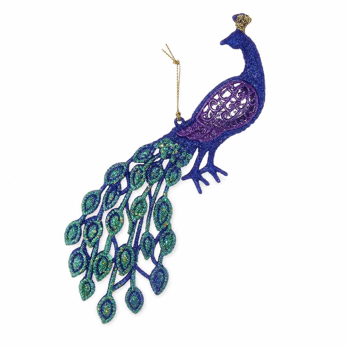 Glitter Peacock Christmas Ornament, Sapphire Blue design: a blue body and purple wing over a tail of blue and green