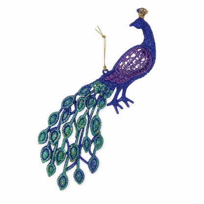 Glitter Peacock Christmas Ornament, Sapphire Blue design: a blue body and purple wing over a tail of blue and green