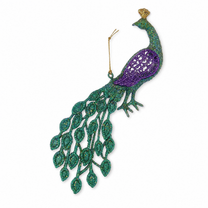 Glitter Peacock Christmas Ornament, Teal Green design: a green body and green tail under a purple wing