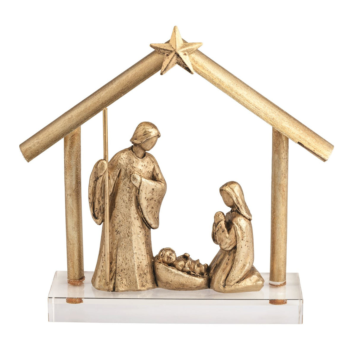 Gold Resin Nativity Display with Acrylic Base, A gold resin nativity scene with Joseph standing, Mary kneeling and the baby in a manger under a peaked stable frame topped by a star, mounted on a clear acrylic base.