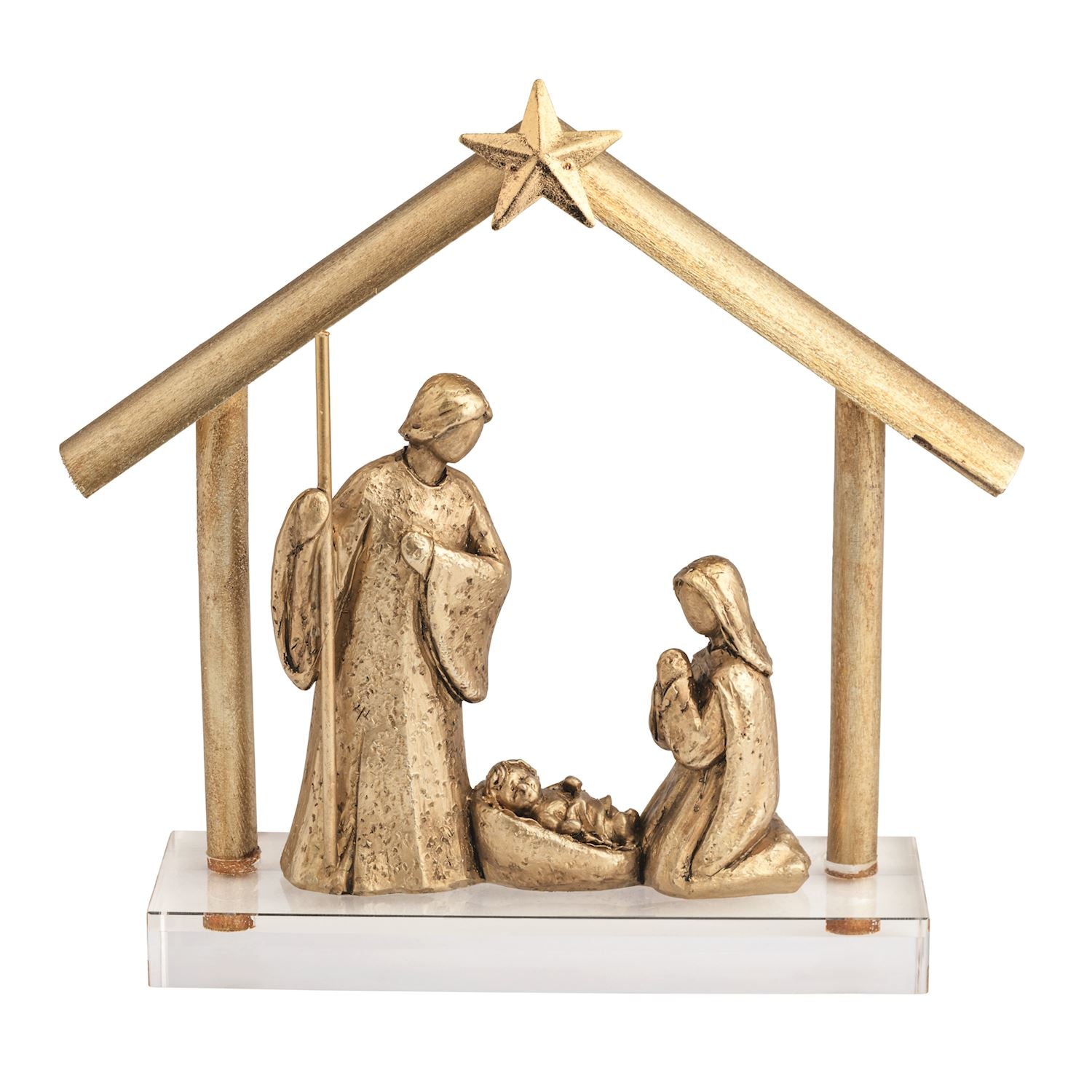 Gold Resin Nativity Display with Acrylic Base, A gold resin nativity scene with Joseph standing, Mary kneeling and the baby in a manger under a peaked stable frame topped by a star, mounted on a clear acrylic base.