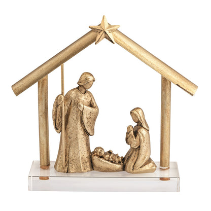 Gold Resin Nativity Display with Acrylic Base, A gold resin nativity scene with Joseph standing, Mary kneeling and the baby in a manger under a peaked stable frame topped by a star, mounted on a clear acrylic base.
