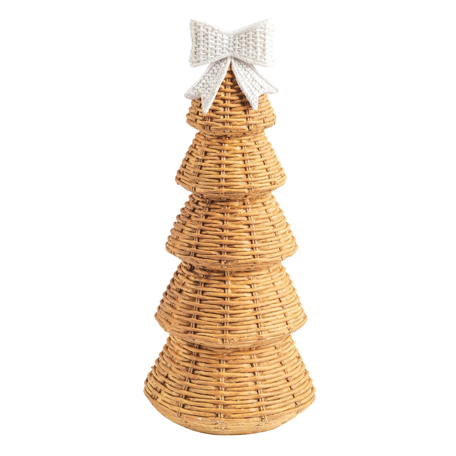 Large Wicker Look Resin Christmas Tree Sitter, A tiered cone shaped tree in natural tan with a woven wicker texture and a white woven bow at the top.
