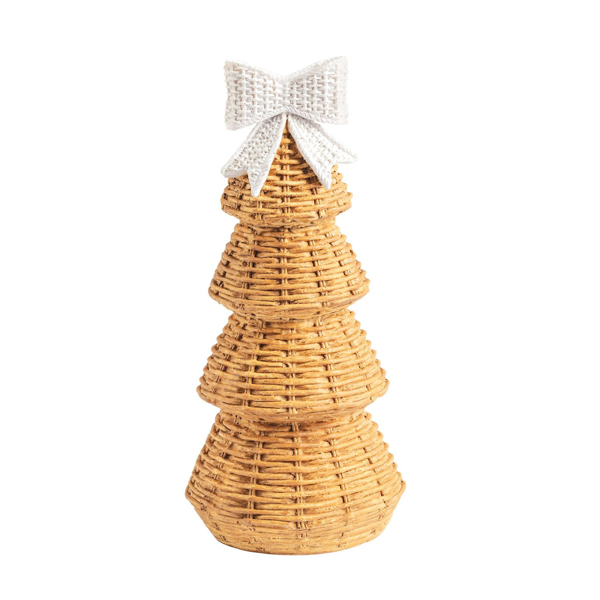 Medium Resin Wicker Christmas Tree Sitter, Tiered tan resin Christmas tree cast to look like woven wicker, with a small white woven bow at the top, standing on a plain white background.