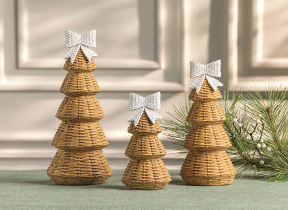 Medium Resin Wicker Christmas Tree Sitter, Tiered tan resin Christmas tree cast to look like woven wicker, with a small white woven bow at the top, standing on a plain white background.