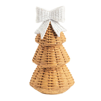 Wicker Look Resin Christmas Tree Sitter, 7 Inch, A three tier resin tree molded to look like woven wicker in natural tan, topped with a white woven-look bow.