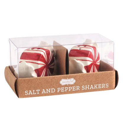 Peppermint Candy Salt and Pepper Shaker Set, Two ceramic salt and pepper shakers painted as red and white peppermint swirls, sitting in a kraft tray with a clear lid.