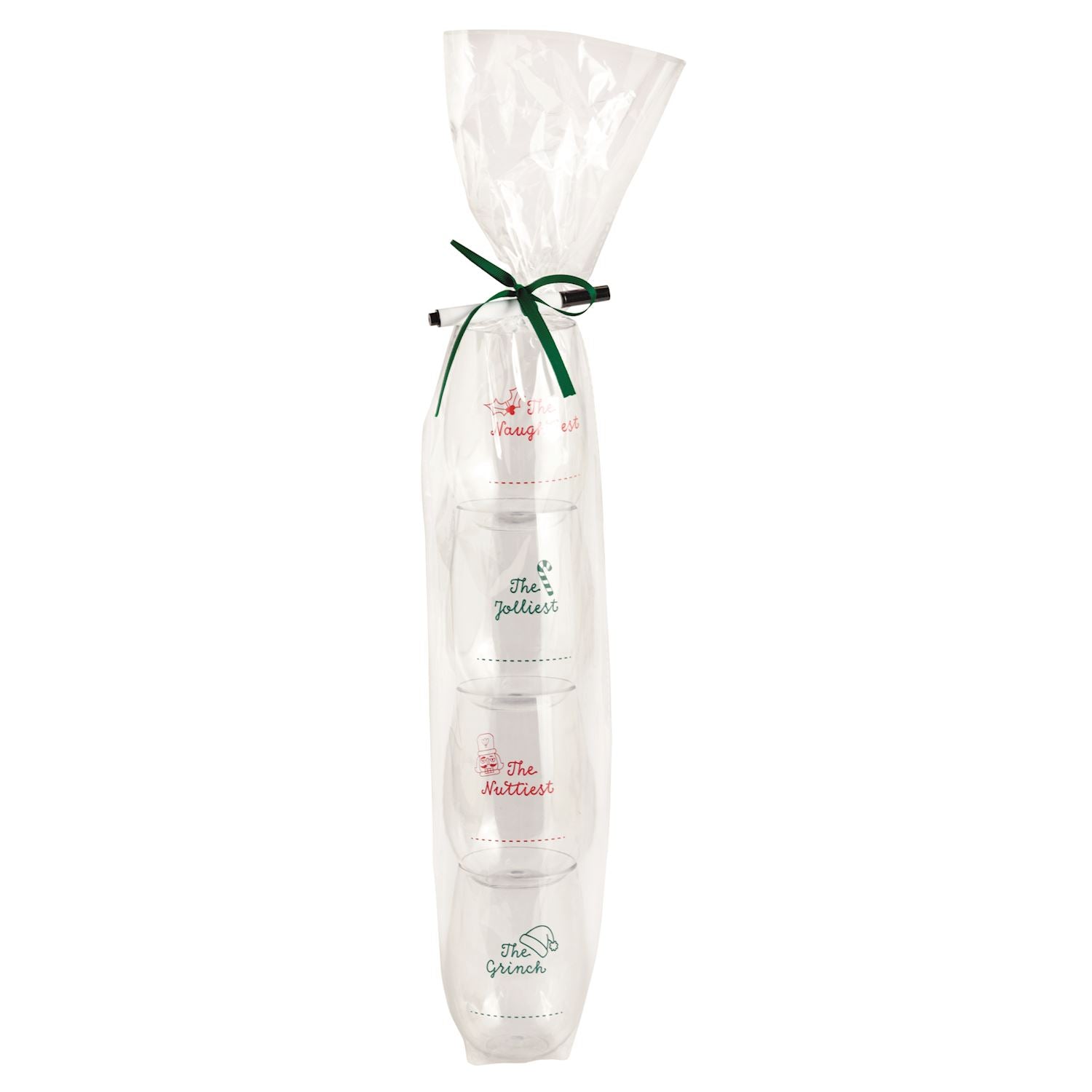Christmas Stemless Wine Cup Set with Marker, Four clear stemless wine cups stacked inside a cello sleeve tied with a green ribbon, each printed with a red or green holiday title and a dotted name line, with a black marker alongside.