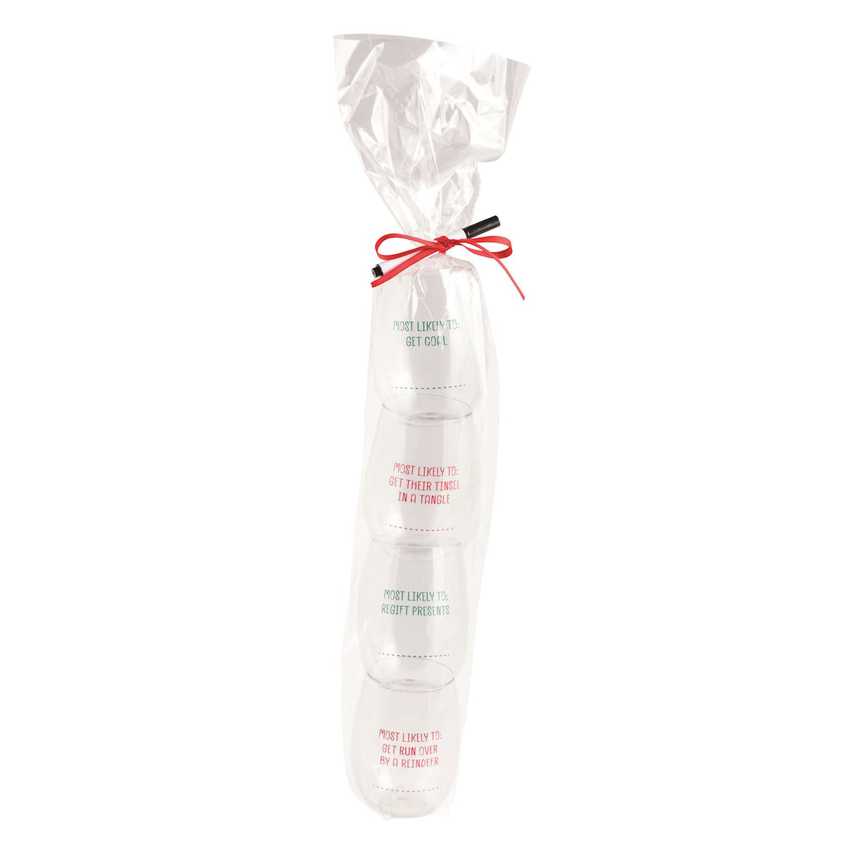 Most Likely To Christmas Stemless Wine Cup Set, Four clear stemless plastic wine cups stacked inside a cello sleeve tied with a red ribbon and a black marker, each cup printed with a Most Likely To Christmas saying above a dotted name line.