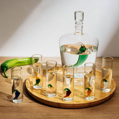 Tequila Decanter Set With 6 Pepper Shot Glasses