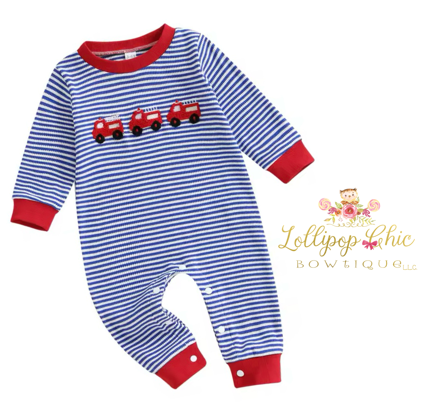 Baby Boy Fire Truck Embroidered Jumpsuit Romper Onesie: 0-3M