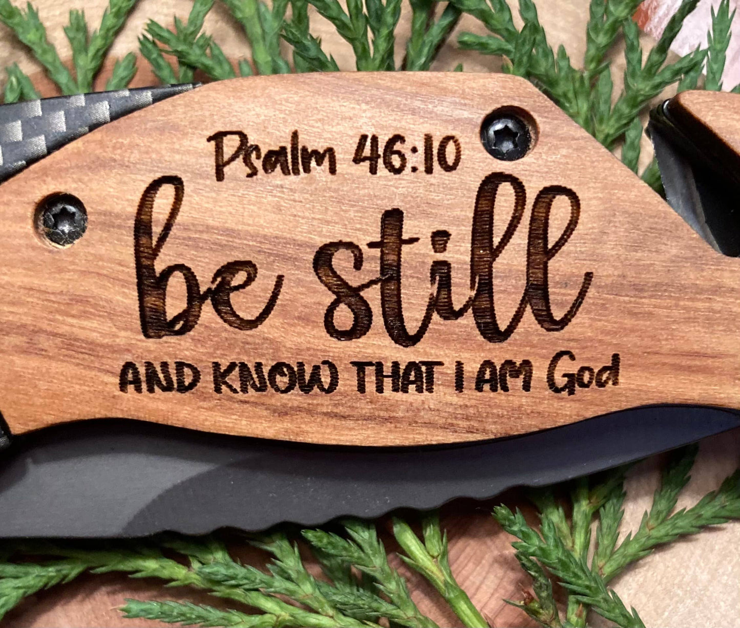 Quail Tail Laser Art - Be Still and Know Knife