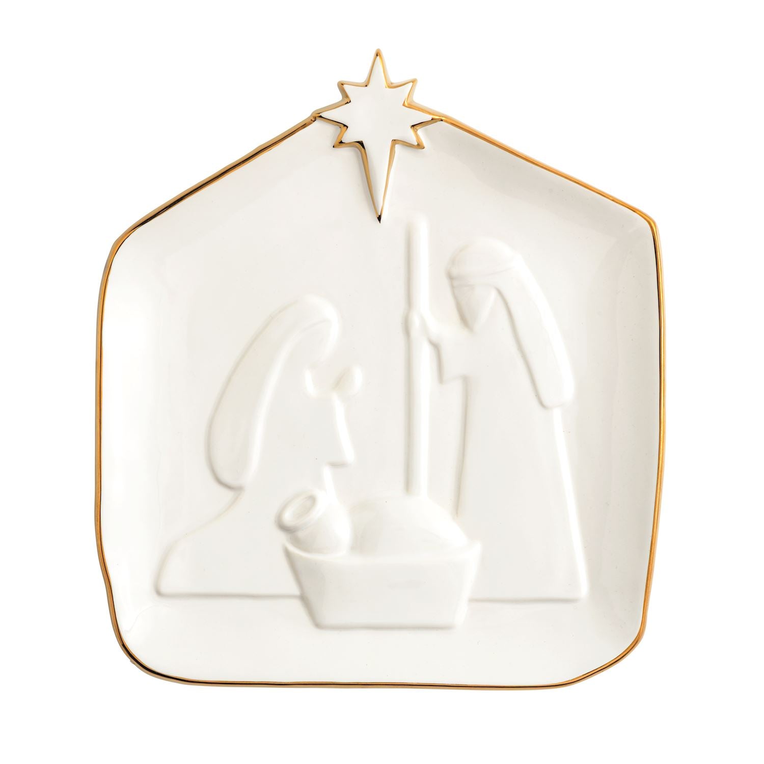 Gold Edge Nativity Stoneware Platter, A white stoneware platter shaped like a stable topped with a star, showing a raised nativity scene and a painted gold rim.