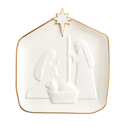 Gold Edge Nativity Stoneware Platter, A white stoneware platter shaped like a stable topped with a star, showing a raised nativity scene and a painted gold rim.