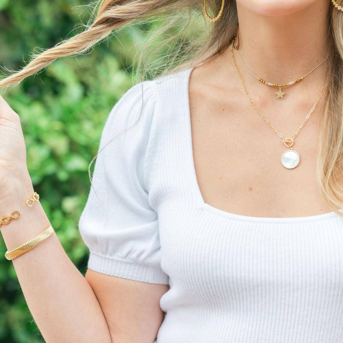 Mother Of Pearl Pave Circle Toggle Necklace