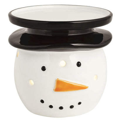 Snowman LED Ceramic Pillar Candle Holder, A white ceramic snowman head candle holder with coal eyes, a dotted smile, an orange carrot nose and a black top hat brim that forms the dish on top.
