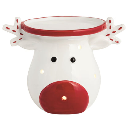 Reindeer LED Ceramic Pillar Candle Holder, A white ceramic reindeer head candle holder with black dot eyes, a large red nose, red tipped antlers and a red rimmed dish on top, with small lights glowing on the face.
