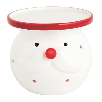 Santa Face Light-Up Pillar Candle Holder, 4 Inch, A round white ceramic candle holder shaped like a Santa face with black dot eyes, a red button nose, a molded moustache and a glossy red rim like a hat brim.