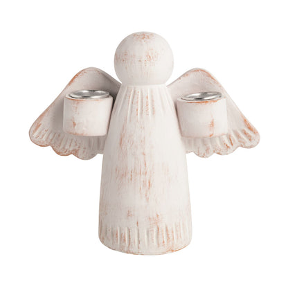 Terracotta Angel Double Taper Candle Holder, A whitewashed terracotta angel figure with spread wings, each wing holding a metal lined well for a taper candle.