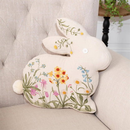 Embroidered Floral Rabbit Silhouette Pillow