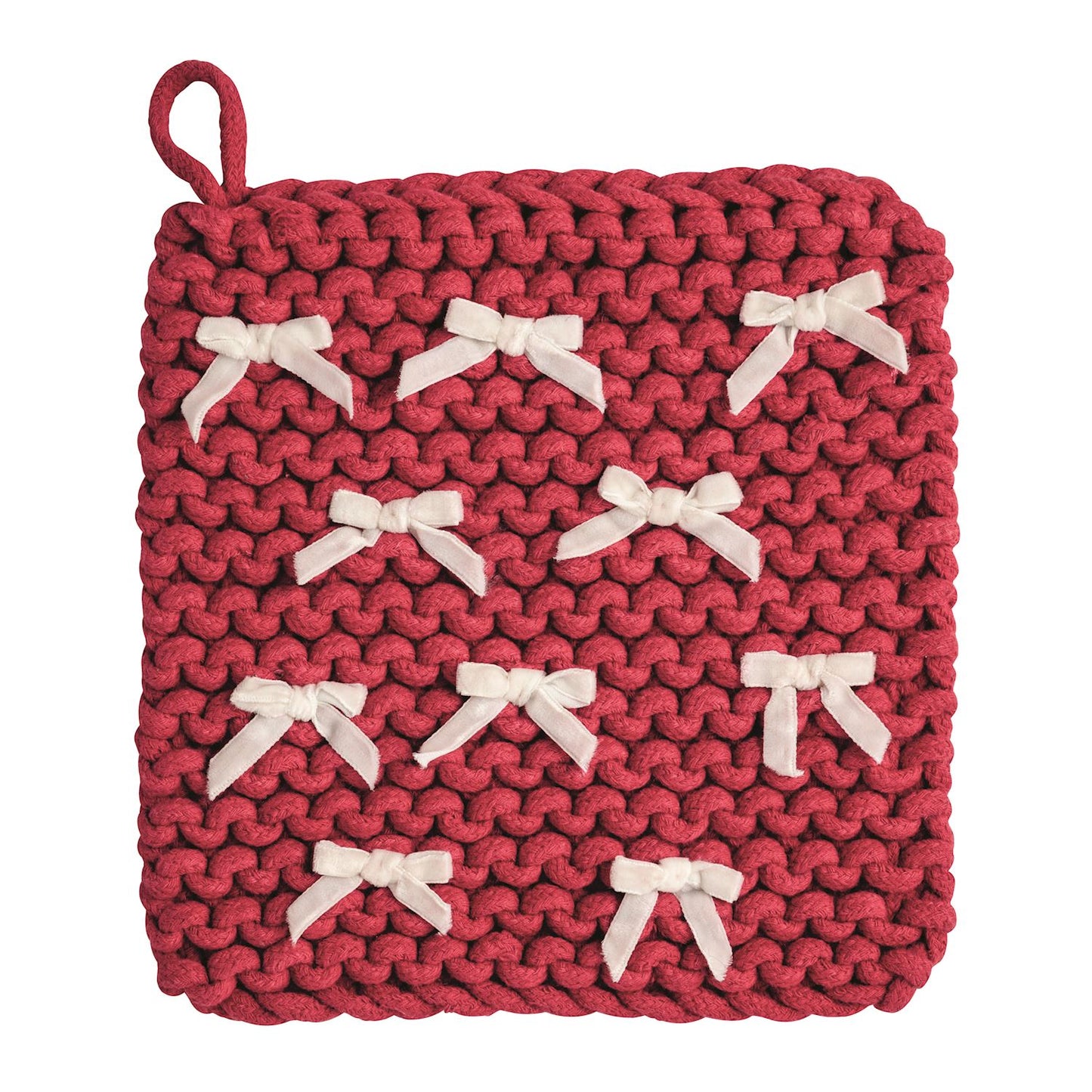 Red Crochet Pot Holder with Velvet Bows, 8 Inch, A square red crochet pot holder with a corner hanging loop, scattered with small ivory velvet bows tacked to the surface.