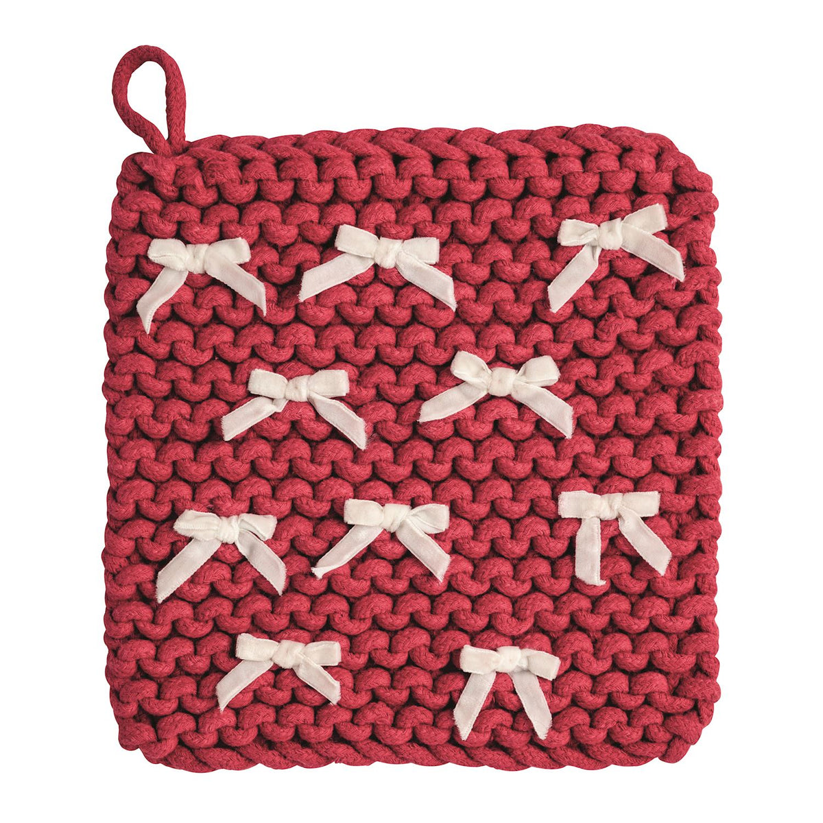 Red Crochet Pot Holder with Velvet Bows, 8 Inch, A square red crochet pot holder with a corner hanging loop, scattered with small ivory velvet bows tacked to the surface.