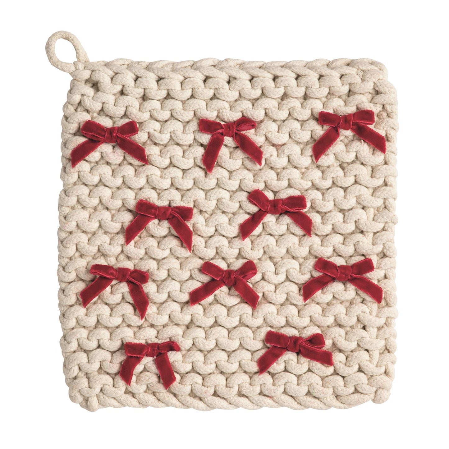 Crochet Pot Holder with Red Velvet Bows, A square cream chunky crochet pot holder with a hanging loop at one corner and small red velvet bows tacked across the front.