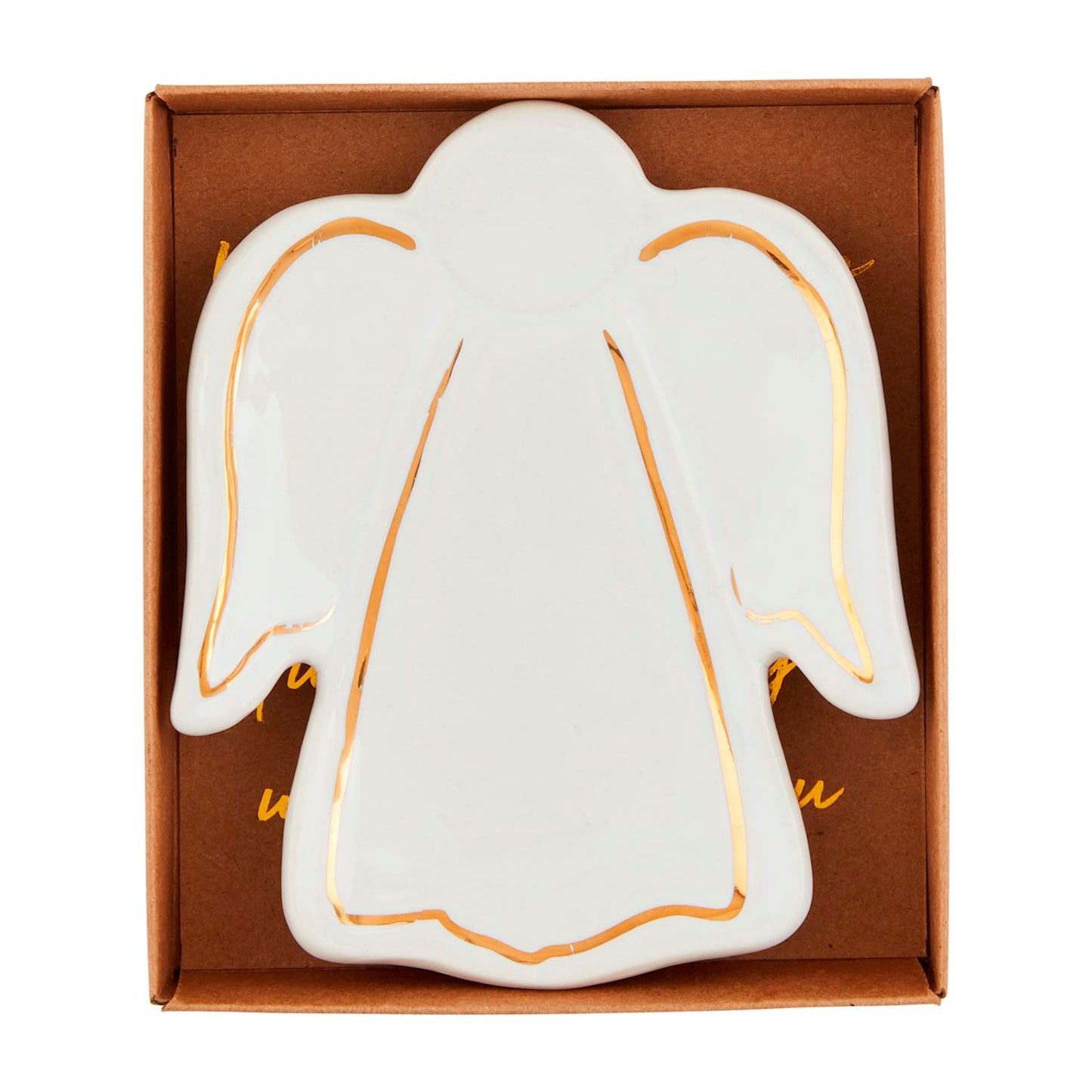 Gold Trimmed Angel Tidbit Dish, A white ceramic dish shaped like an angel with gold lines tracing the wings, head and hem, resting in an open kraft gift box printed with gold script.