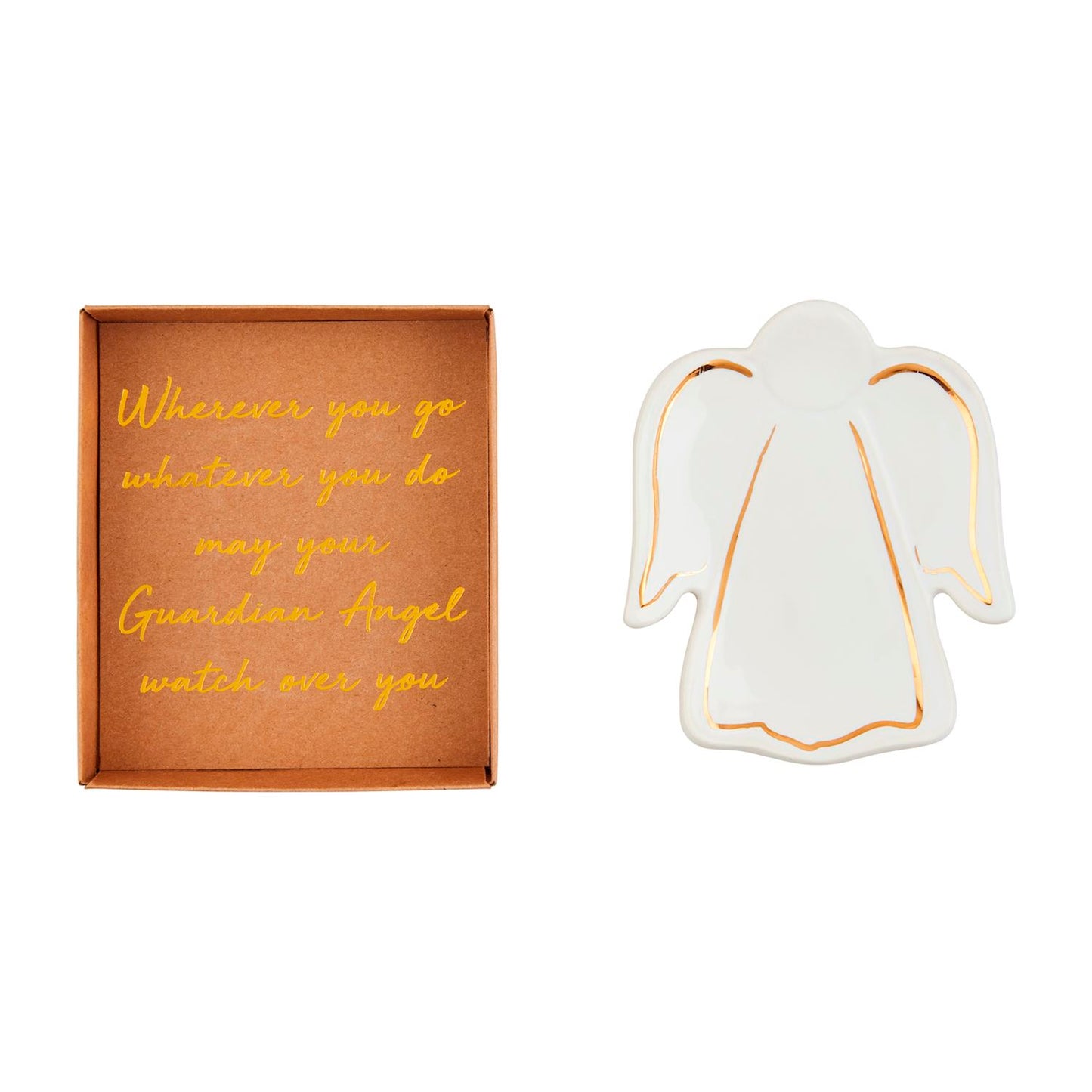Gold Trimmed Angel Tidbit Dish, A white ceramic dish shaped like an angel with gold lines tracing the wings, head and hem, resting in an open kraft gift box printed with gold script.