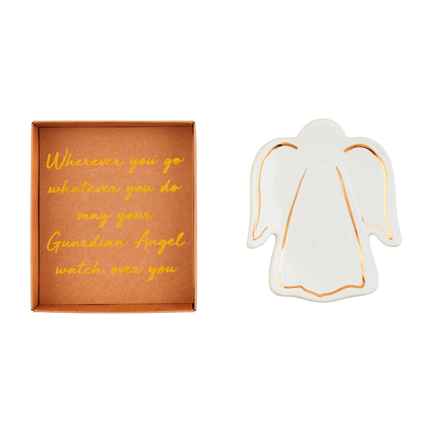 Gold Trimmed Angel Tidbit Dish, A white ceramic dish shaped like an angel with gold lines tracing the wings, head and hem, resting in an open kraft gift box printed with gold script.