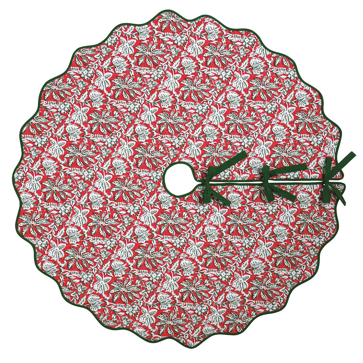 Christmas Block Print Quilted Tree Skirt, 54 Inch, A round quilted tree skirt with a scalloped green-piped edge, printed in a red block print with white and green flowers, with green twill tape ties.