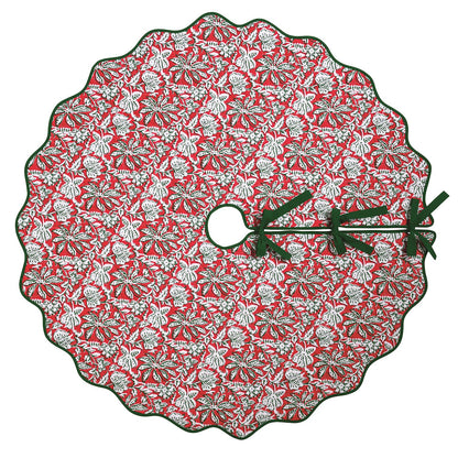 Christmas Block Print Quilted Tree Skirt, 54 Inch, A round quilted tree skirt with a scalloped green-piped edge, printed in a red block print with white and green flowers, with green twill tape ties.