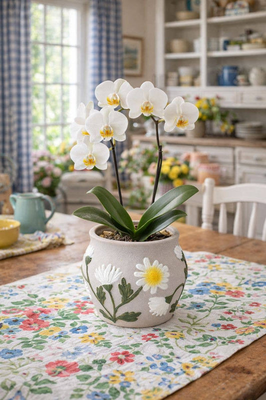 White Daisy Gray Planter - Spring
