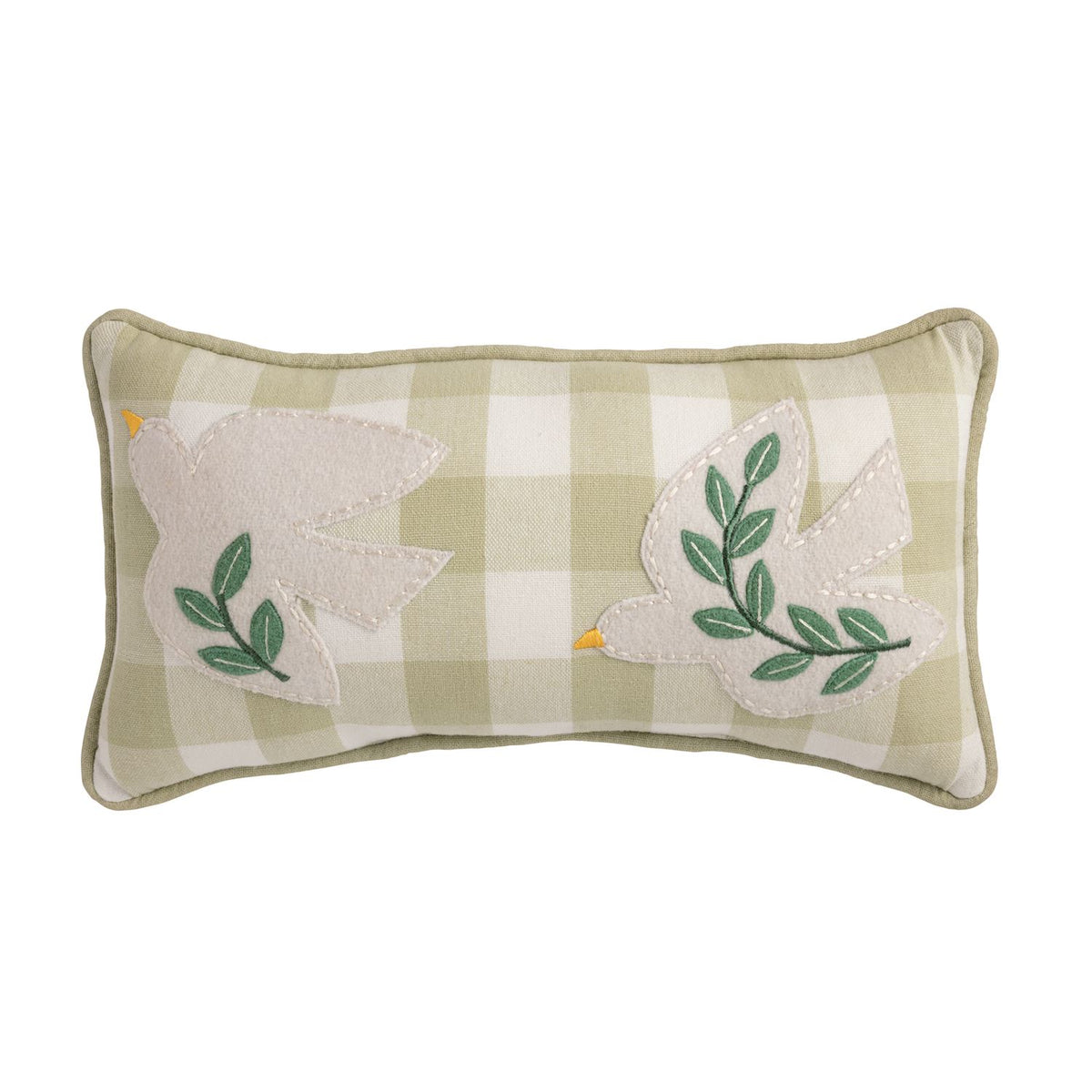 Green Dove Embroidered Applique Pillow, A small rectangular pillow in sage and cream check with two cream felt dove appliques carrying embroidered green branches, finished with a green piped edge.