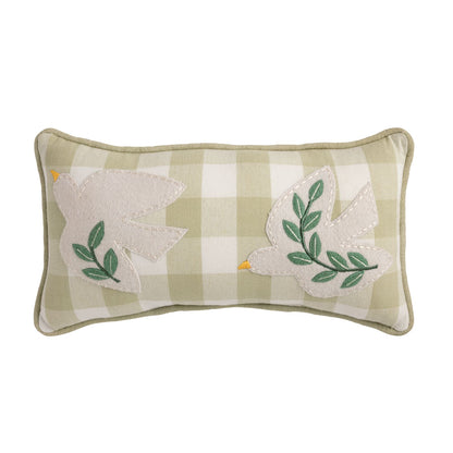 Green Dove Embroidered Applique Pillow, A small rectangular pillow in sage and cream check with two cream felt dove appliques carrying embroidered green branches, finished with a green piped edge.