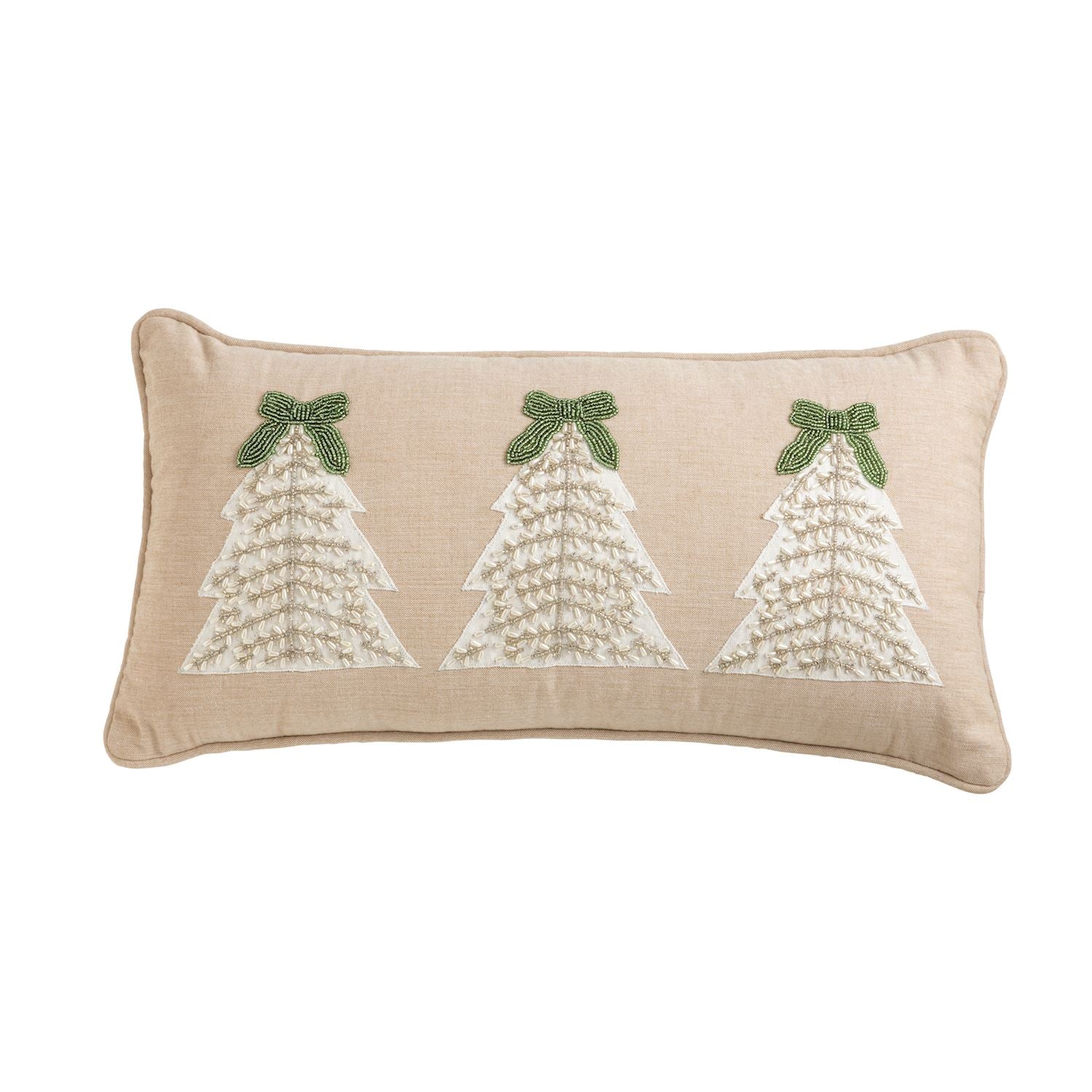 Beaded Christmas Tree Lumbar Pillow, A tan chambray lumbar pillow embroidered with three cream Christmas trees, each topped with a green beaded bow, finished with matching piping.