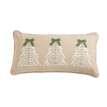 Beaded Christmas Tree Lumbar Pillow, A tan chambray lumbar pillow embroidered with three cream Christmas trees, each topped with a green beaded bow, finished with matching piping.
