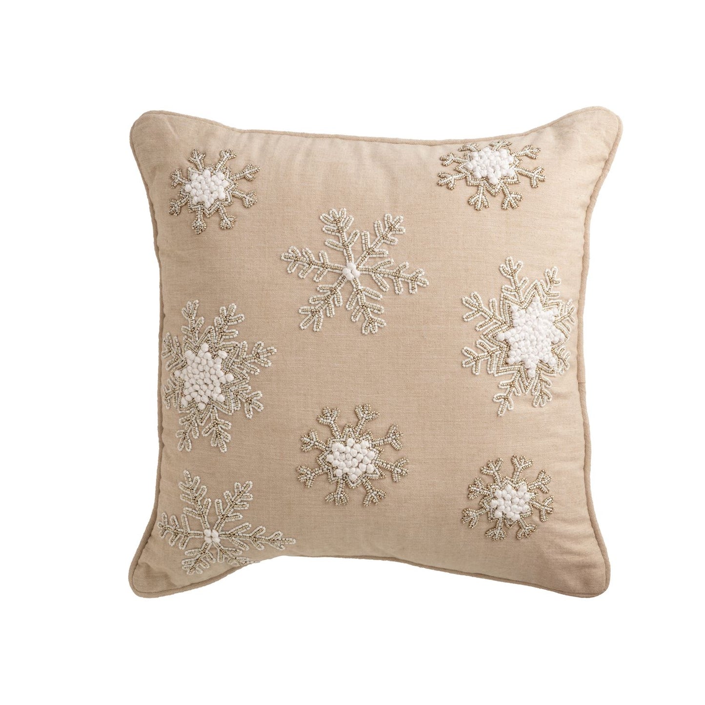 Beaded Snowflake Square Pillow, A square pillow in natural flax colored fabric covered with eight snowflakes worked in silver and white beads.