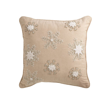 Beaded Snowflake Square Pillow, A square pillow in natural flax colored fabric covered with eight snowflakes worked in silver and white beads.
