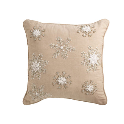 Beaded Snowflake Square Pillow, A square pillow in natural flax colored fabric covered with eight snowflakes worked in silver and white beads.
