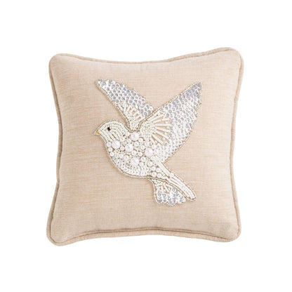 Beaded Turtle Dove Mini Pillow, A small square pillow in natural woven fabric with a piped edge, fronted by a flying dove worked in white pearls, seed beads and clear sequins.
