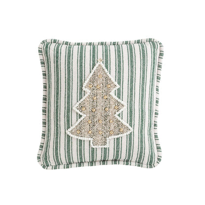 Beaded Tree Striped Mini Pillow, A small square pillow in green and cream woven ticking stripe with a beaded Christmas tree at the center outlined in white beads and dotted with gold beads.
