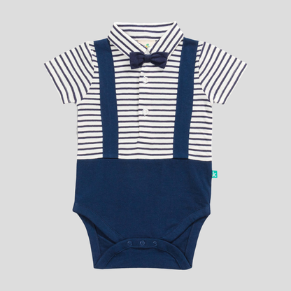 Navy Suspender Bodysuit with Bow Tie